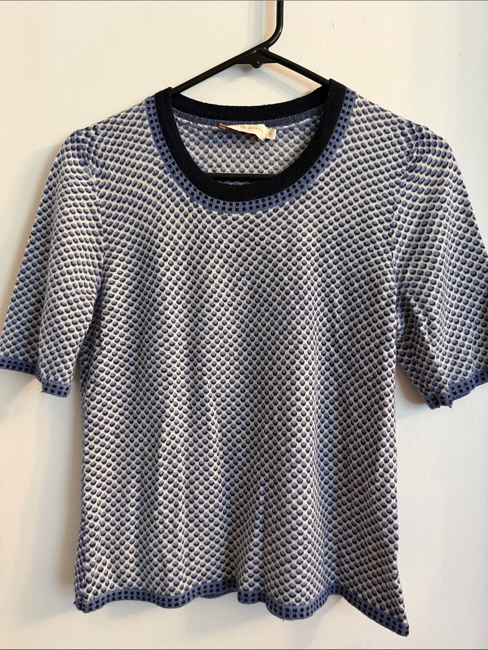Tory Burch Short Sleeve Knit Sweater polka dots blue wool size medium